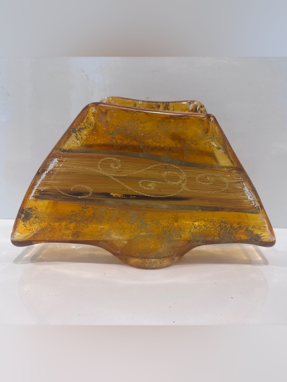 Vintage handmade fused art glass napkin holder amber gold metallic swirl